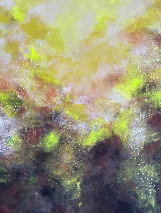 An abstract acrylic painting featuring vibrant shades of yellow, green, and brown with a textured surface.