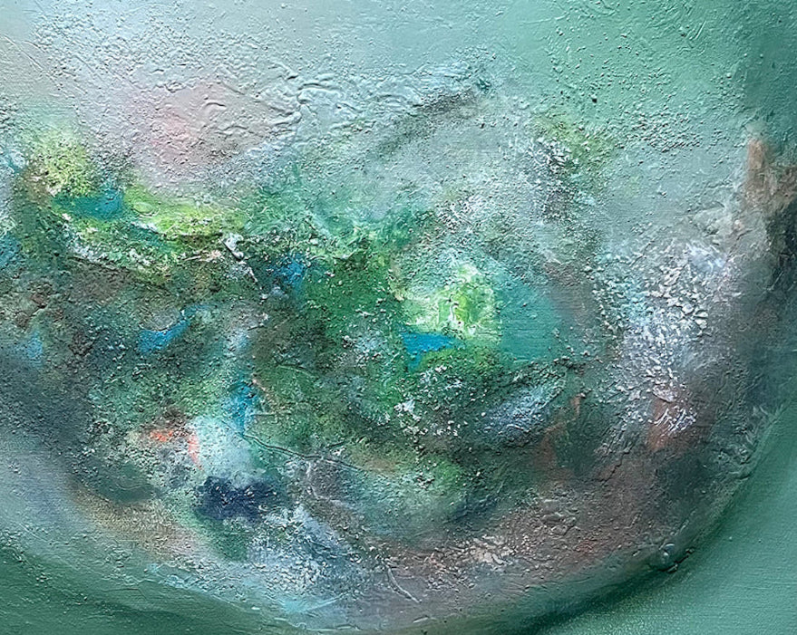 Abstract painting with green and brown hues on a textured surface