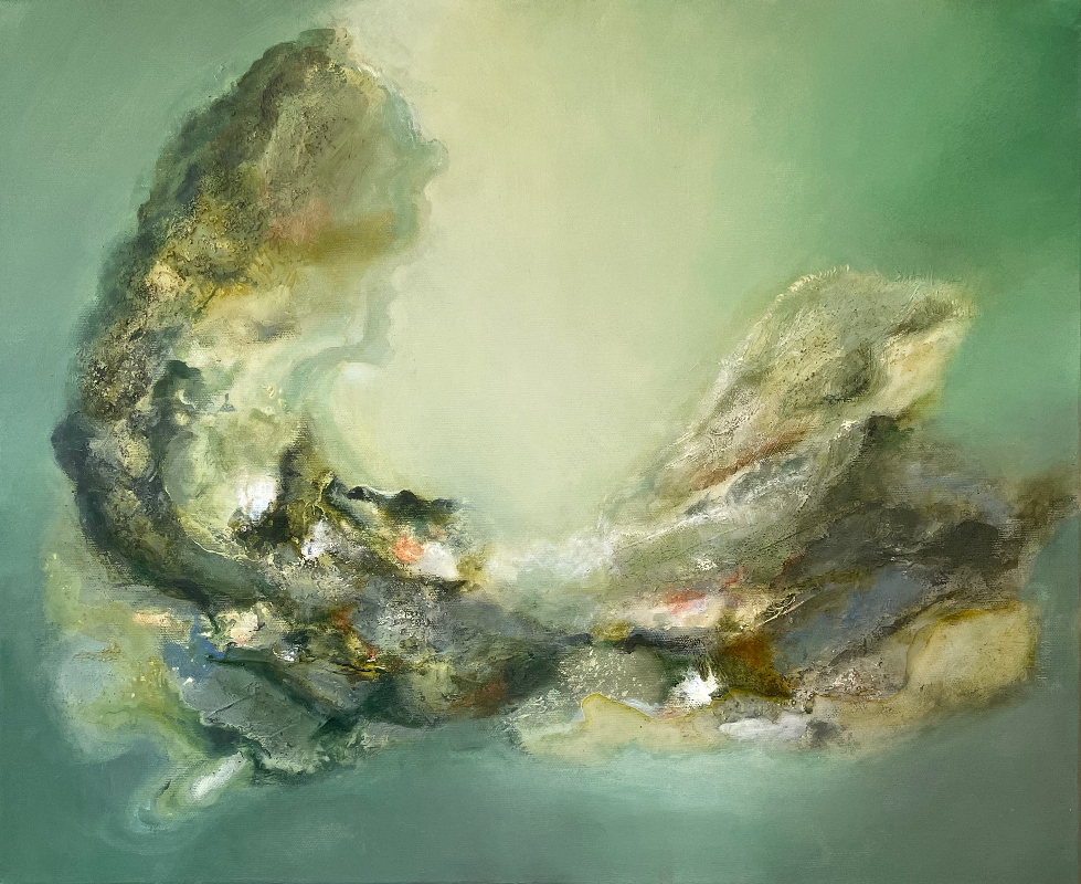 Abstract painting with textured shapes and a soft color palette