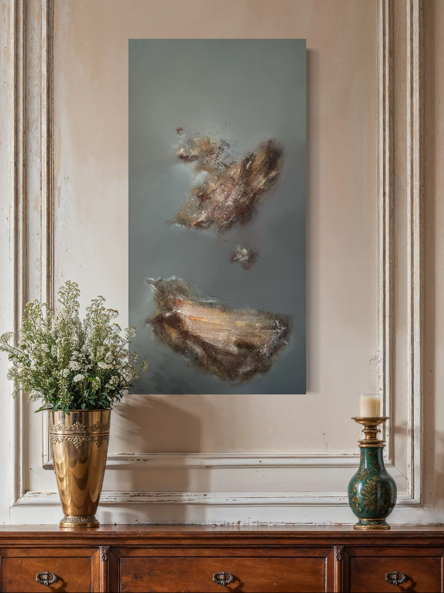 Abstract painting on a wall with decorative vases and a candle below.