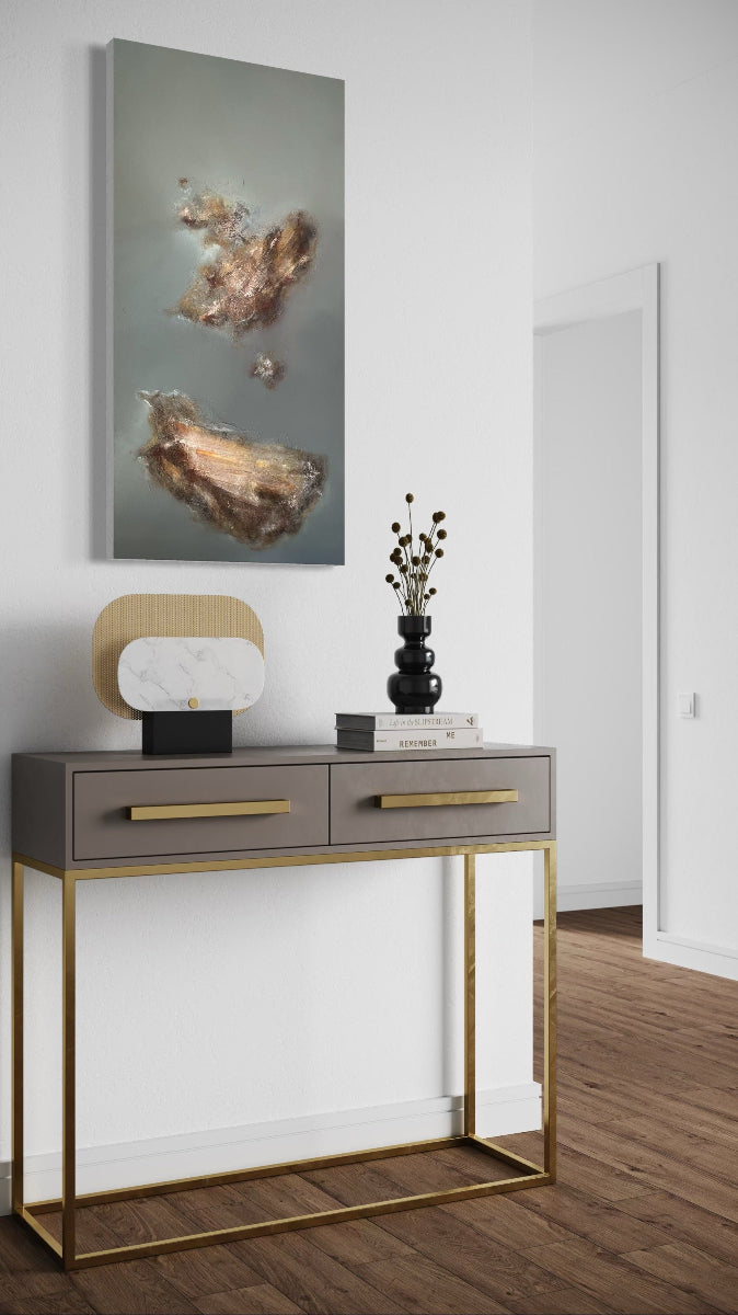 Modern console table with decorative items against a white wall