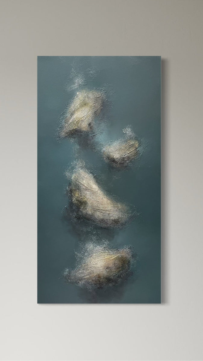 Abstract Painting of stone sculptures on a textured gray background