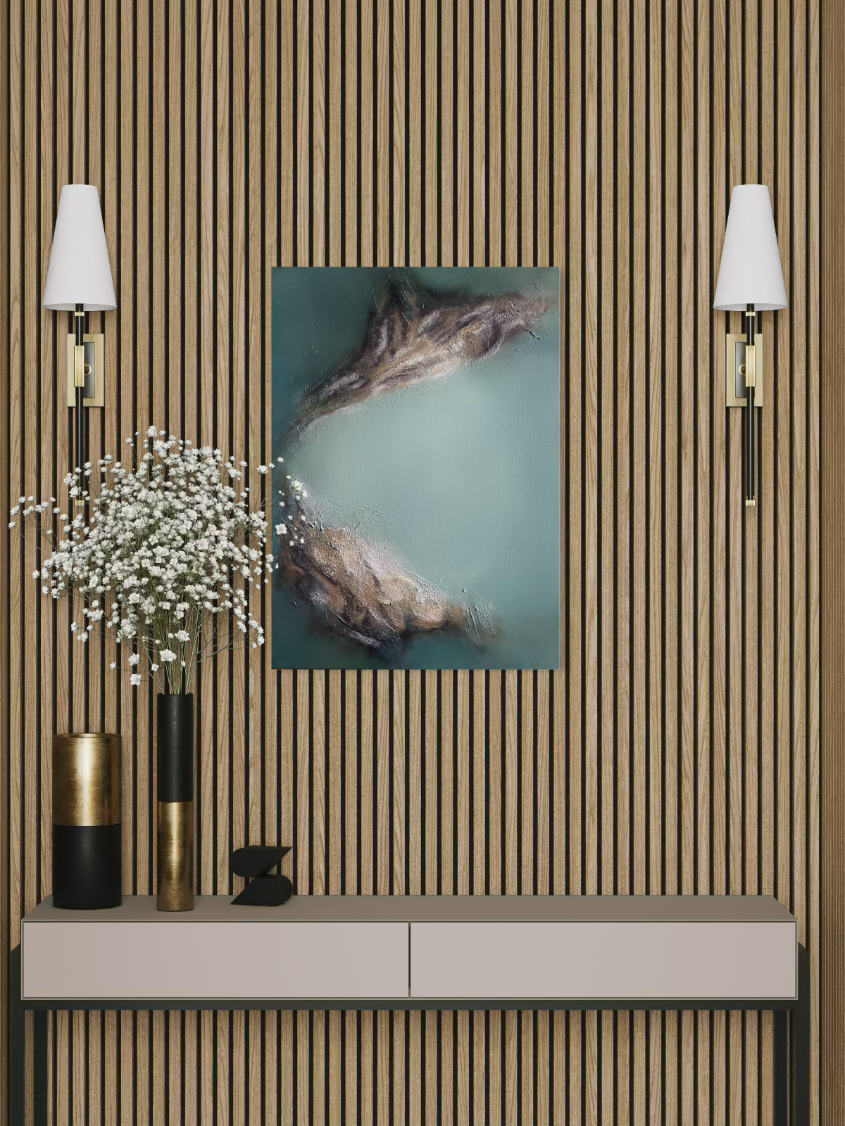 Decorative wall setup with a painting, vases, and a shelf against a striped wall.