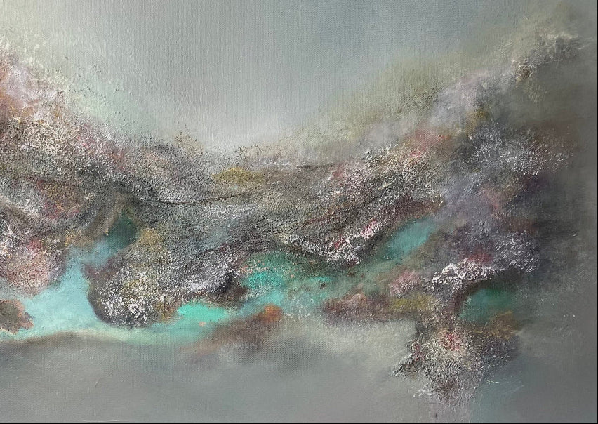 Abstract art with smoky textures and earthy tones on a gray background